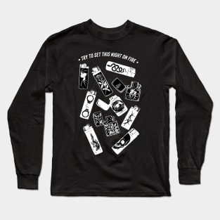 Try to set this night on fire quote lighter night smoke tobacco skater sk8 skull tattoo snake old school tattoo vintage retro black&white minimal traditional tattoo punk rock metal Moto travel youth gift for him Long Sleeve T-Shirt